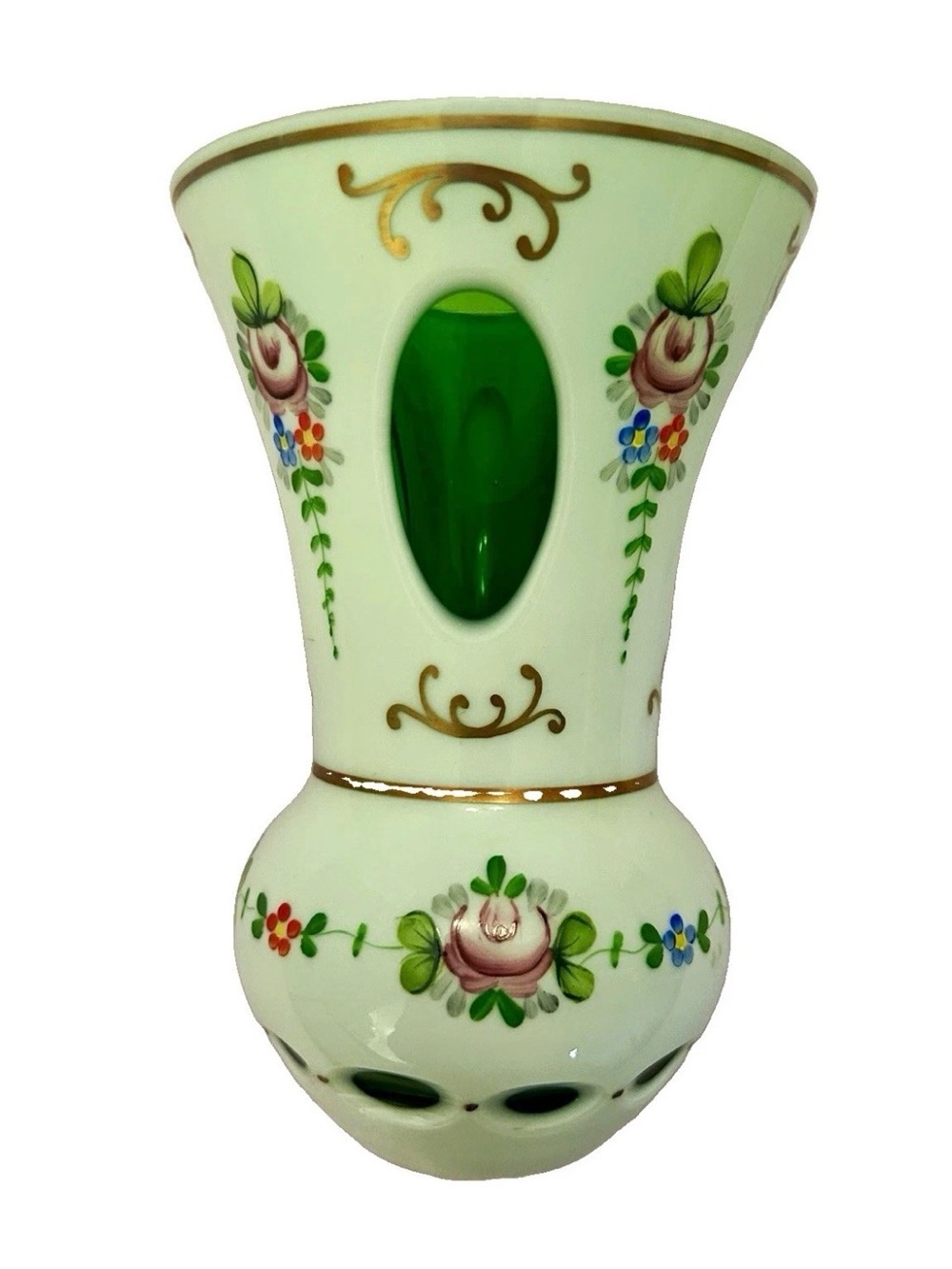 Vintage Bohemian Czech White Cut to Green Glass Vase Hand Painted Roses Gold